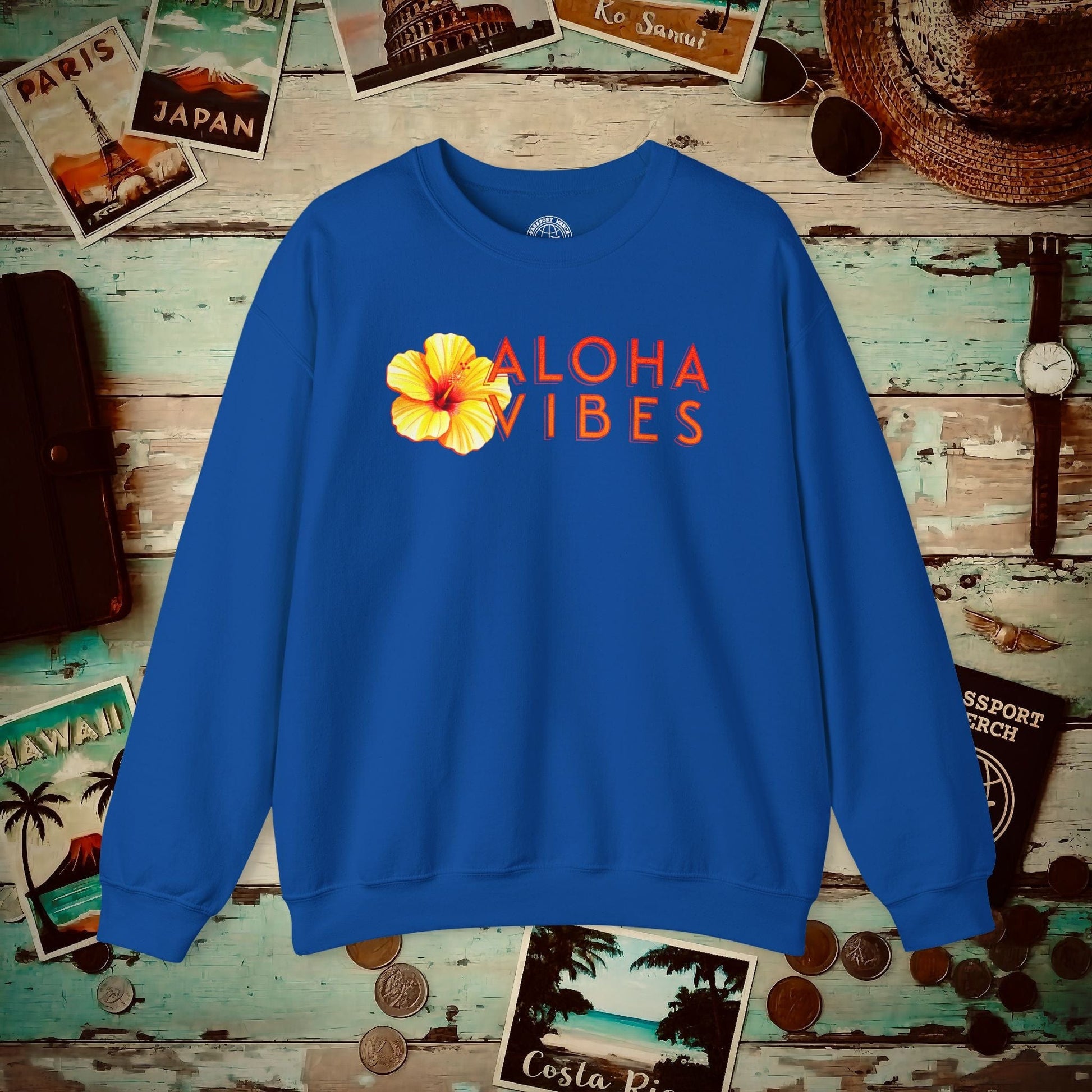 Sun-Kissed Hibiscus Aloha Vibes, Hawaii Crewneck Royal / S