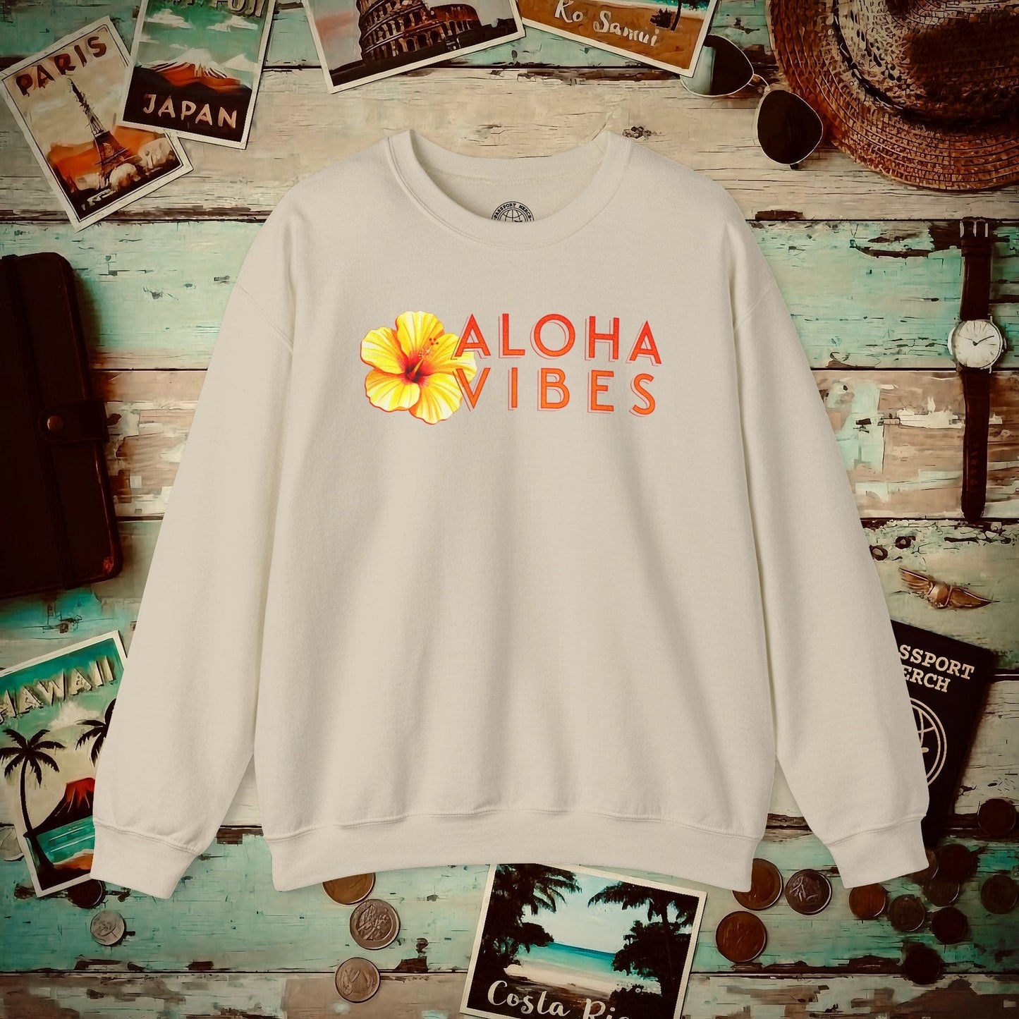 Sun-Kissed Hibiscus Aloha Vibes, Hawaii Crewneck Sand / S