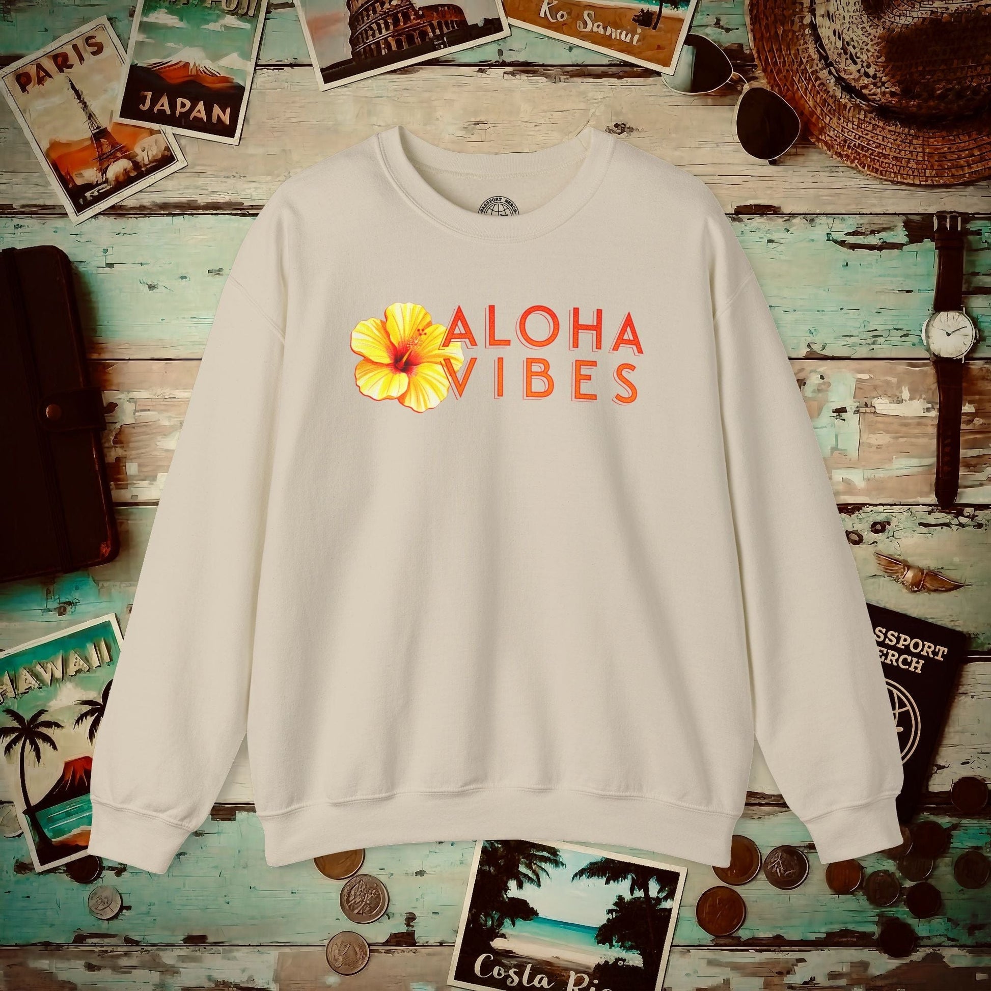 Sun-Kissed Hibiscus Aloha Vibes, Hawaii Crewneck Sand / S