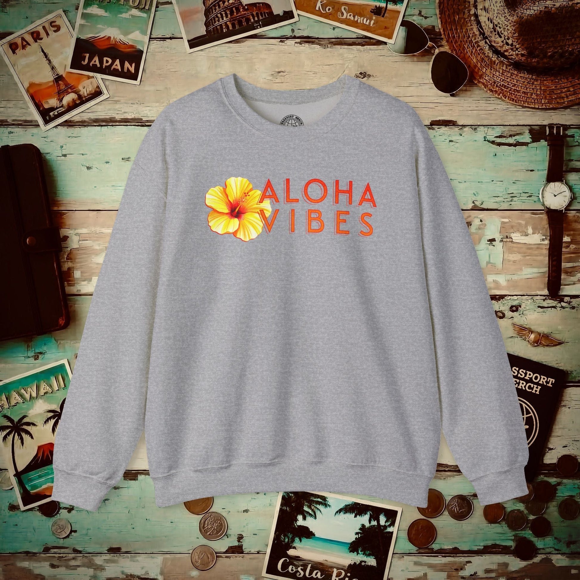 Sun-Kissed Hibiscus Aloha Vibes, Hawaii Crewneck Sport Grey / S