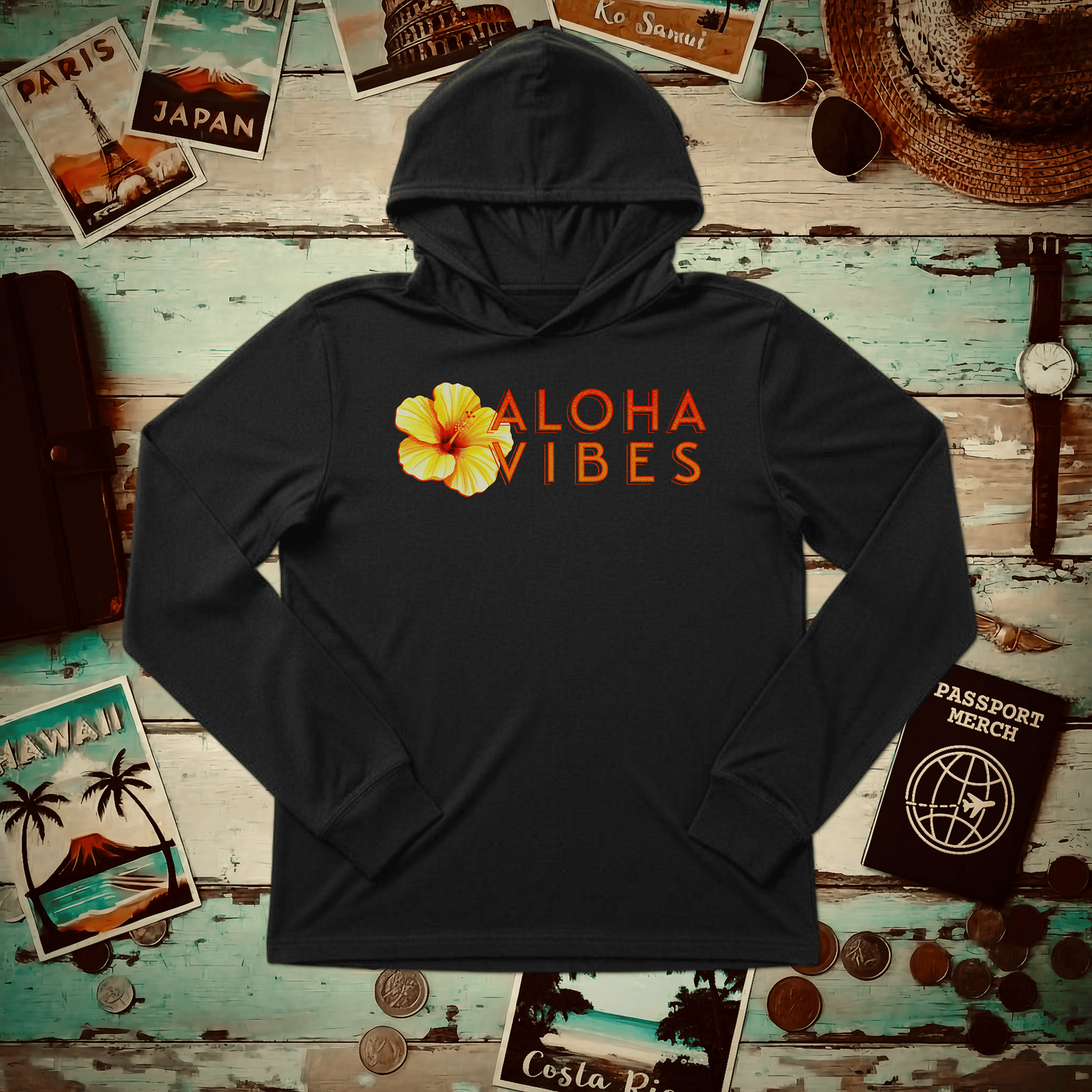 Sun-Kissed Hibiscus Aloha Vibes, Hawaii Hooded Long Sleeve Black / S