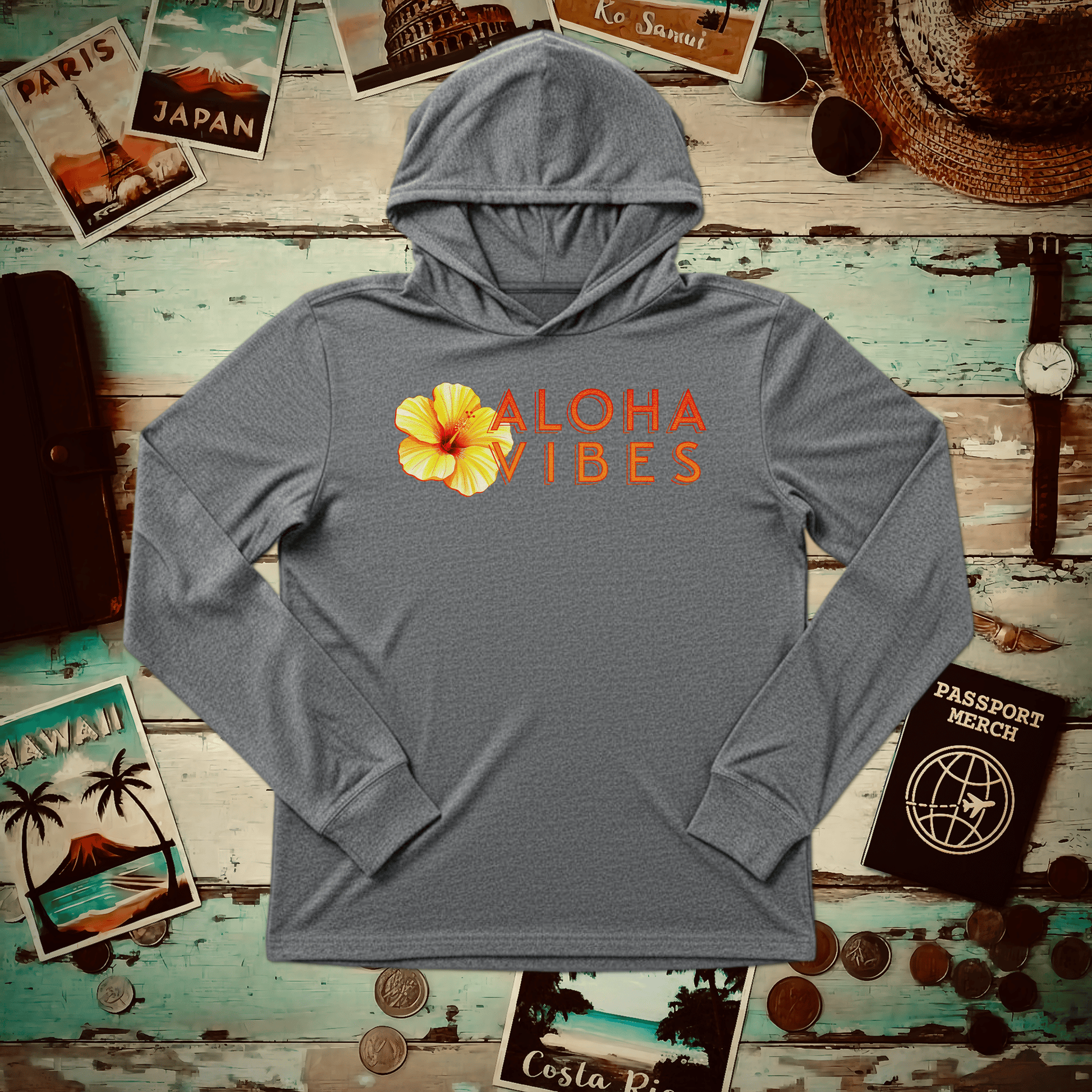 Sun-Kissed Hibiscus Aloha Vibes, Hawaii Hooded Long Sleeve Grey TriBlend / XS