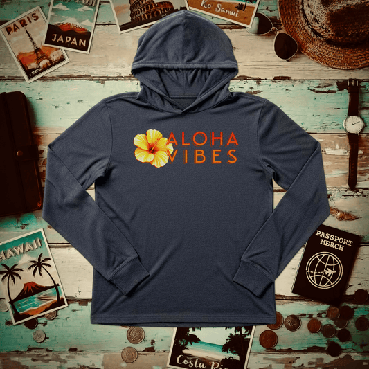 Sun-Kissed Hibiscus Aloha Vibes, Hawaii Hooded Long Sleeve Heather Navy / XS