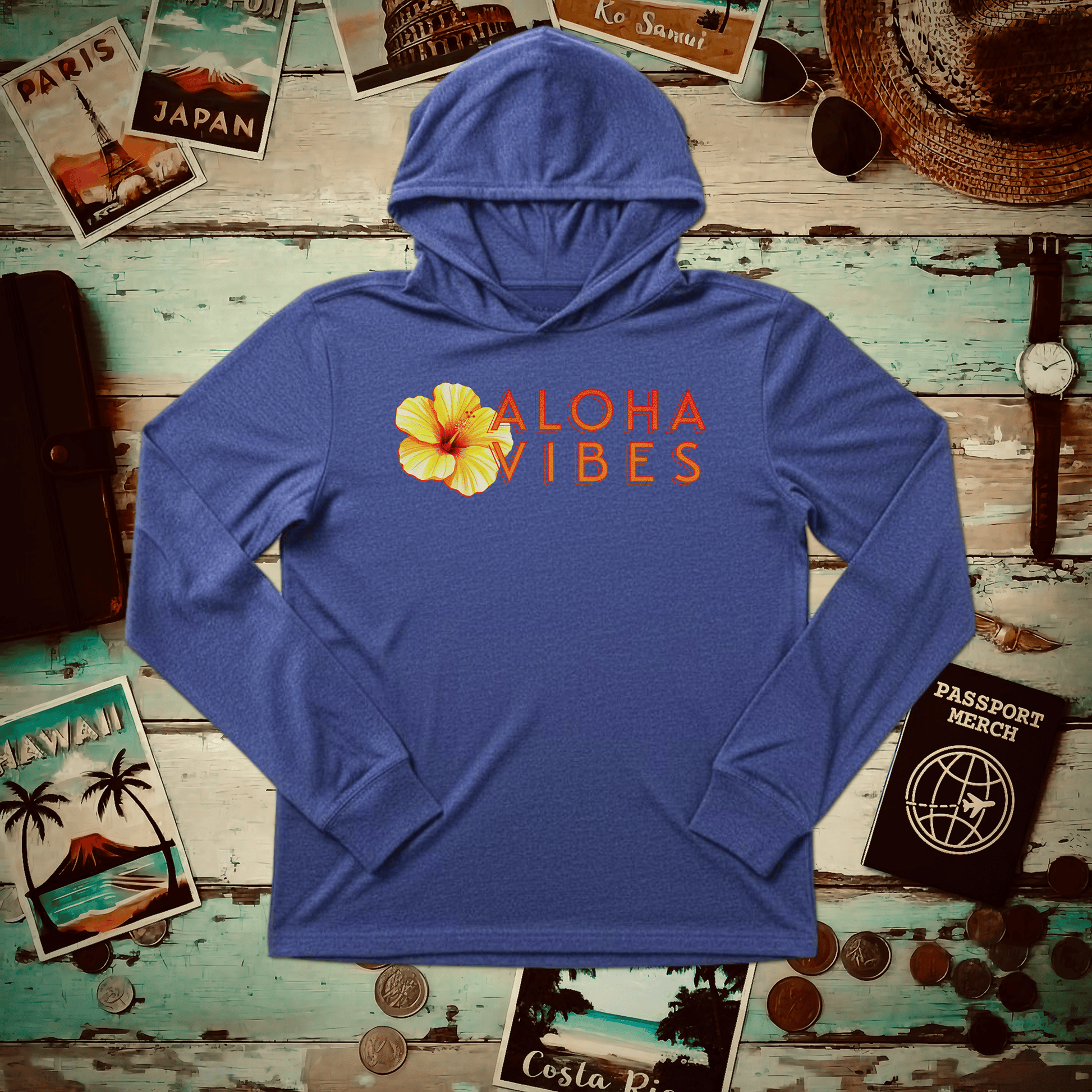 Sun-Kissed Hibiscus Aloha Vibes, Hawaii Hooded Long Sleeve Heather True Royal / XS