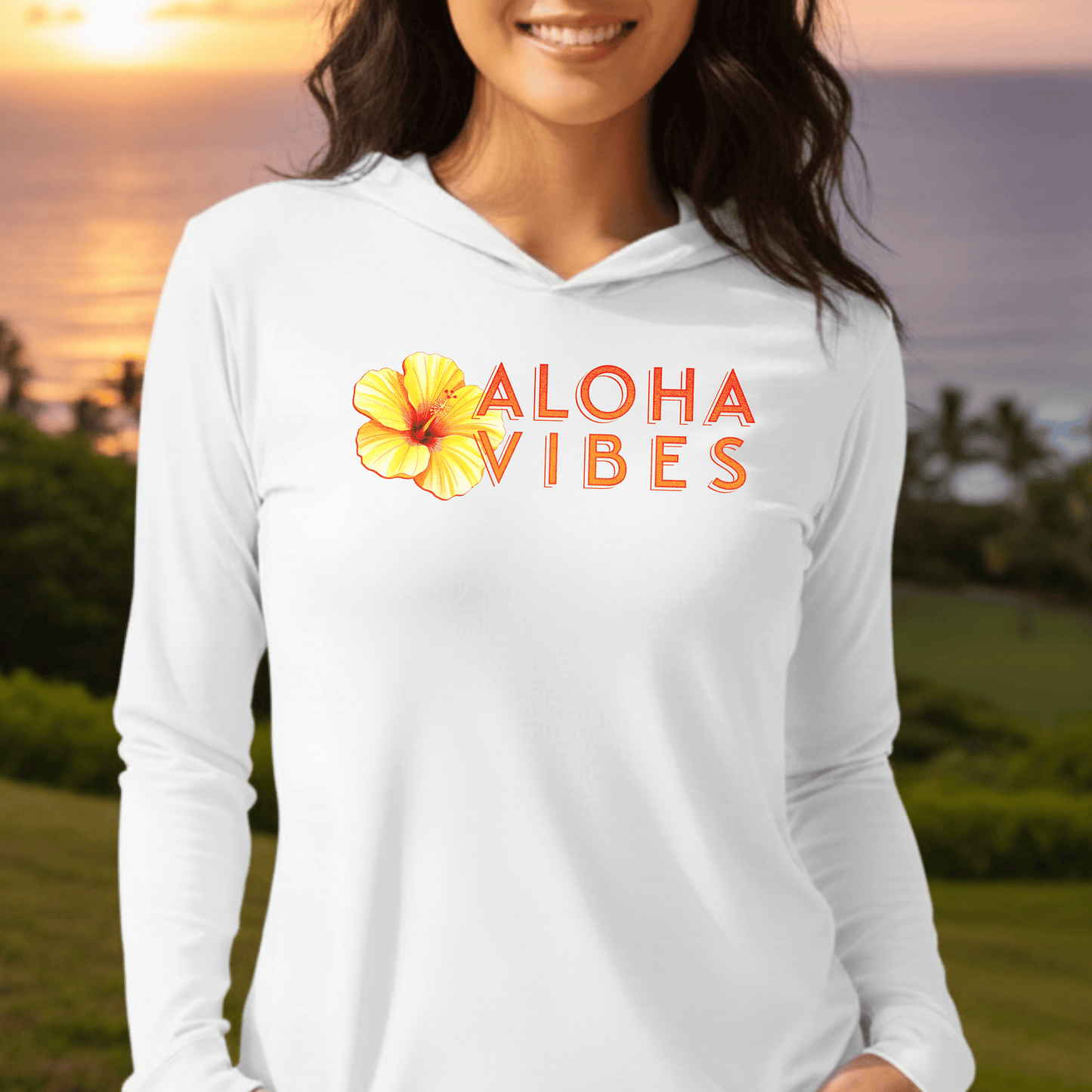 Sun-Kissed Hibiscus Aloha Vibes, Hawaii Hooded Long Sleeve White / XS