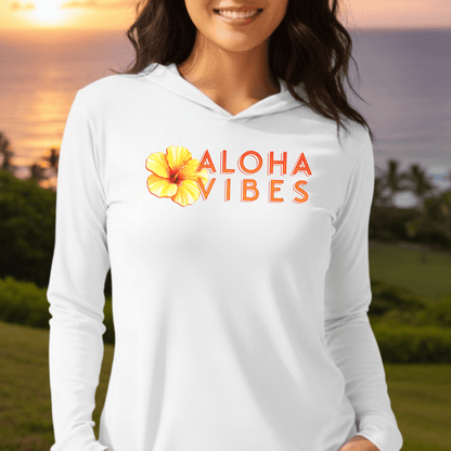 Sun-Kissed Hibiscus Aloha Vibes, Hawaii Hooded Long Sleeve White / XS