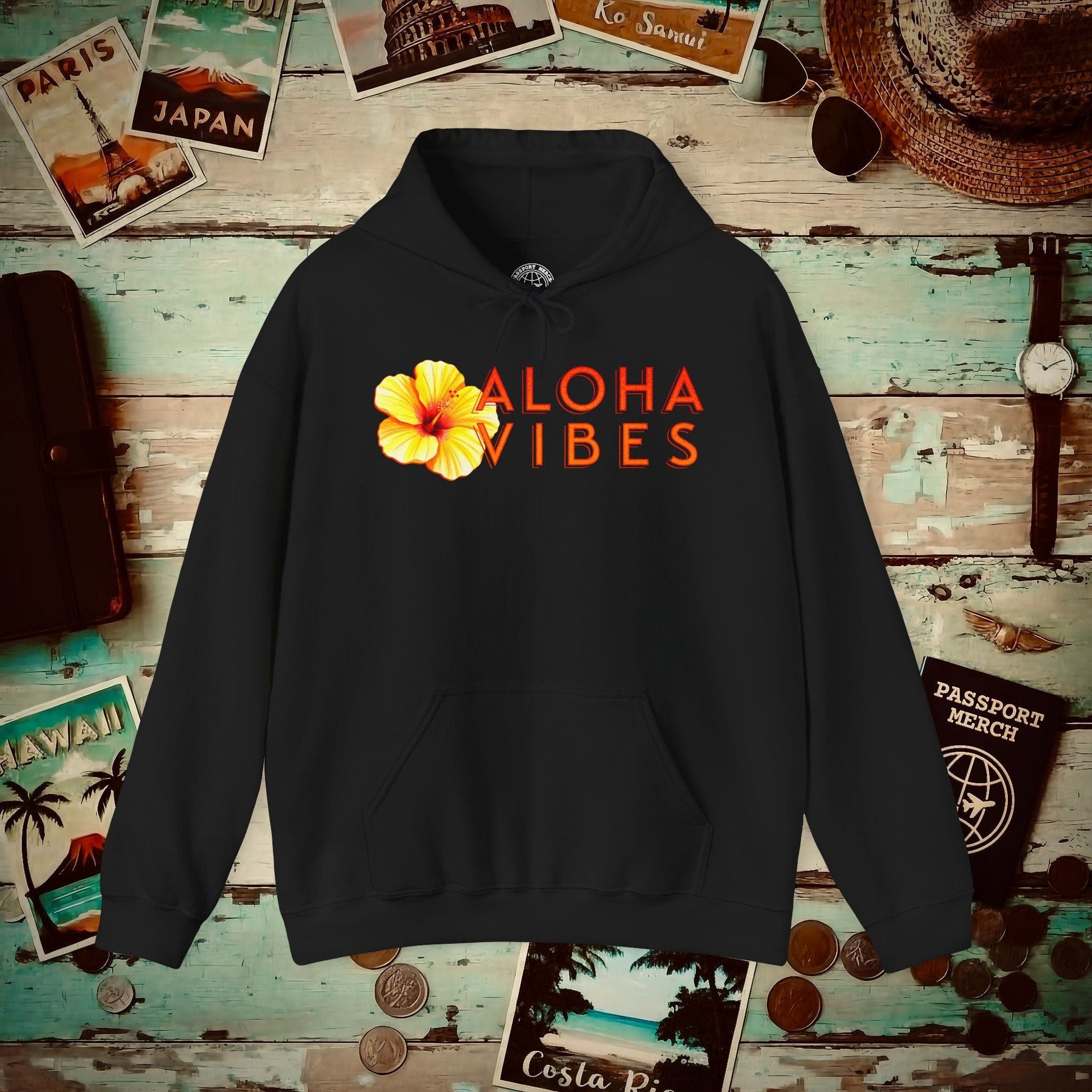 Sun-Kissed Hibiscus Aloha Vibes, Hawaii Hoodie Black / S