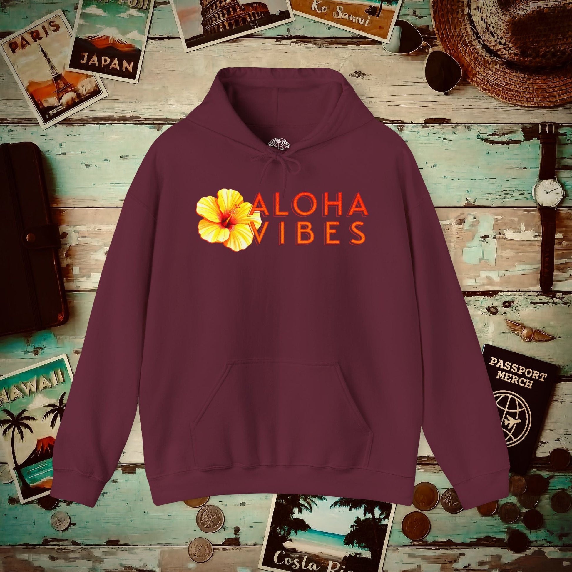 Sun-Kissed Hibiscus Aloha Vibes, Hawaii Hoodie Maroon / S