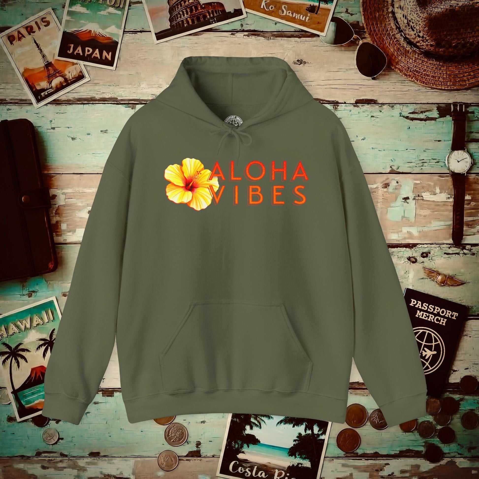 Sun-Kissed Hibiscus Aloha Vibes, Hawaii Hoodie Military Green / S