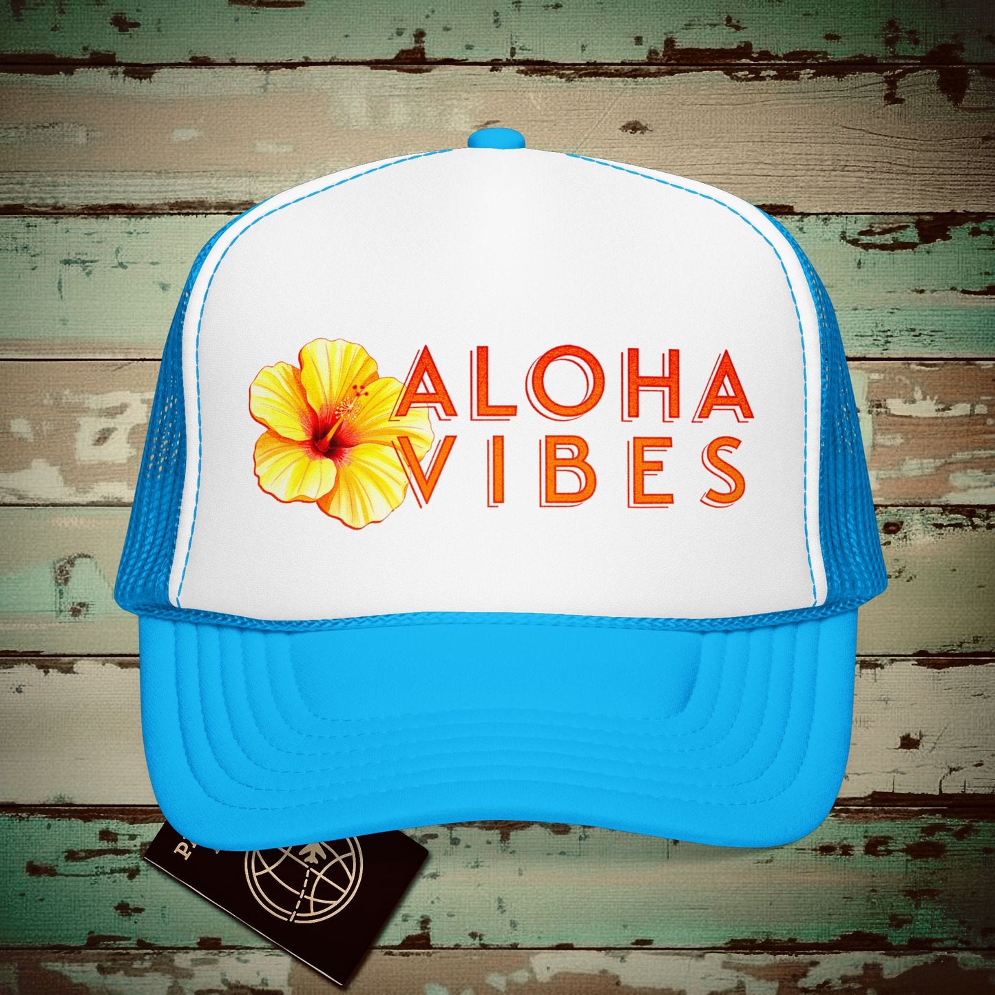 Sun-Kissed Hibiscus Aloha Vibes, Hawaii Trucker Hat Blue/White / One size