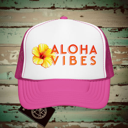 Sun-Kissed Hibiscus Aloha Vibes, Hawaii Trucker Hat Hot Pink/ White/ Hot Pink / One size