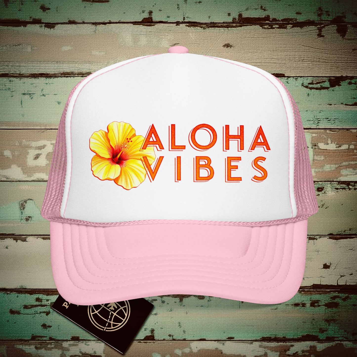 Sun-Kissed Hibiscus Aloha Vibes, Hawaii Trucker Hat Light Pink/White / One size