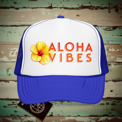 Sun-Kissed Hibiscus Aloha Vibes, Hawaii Trucker Hat Royal / White / Royal / One size