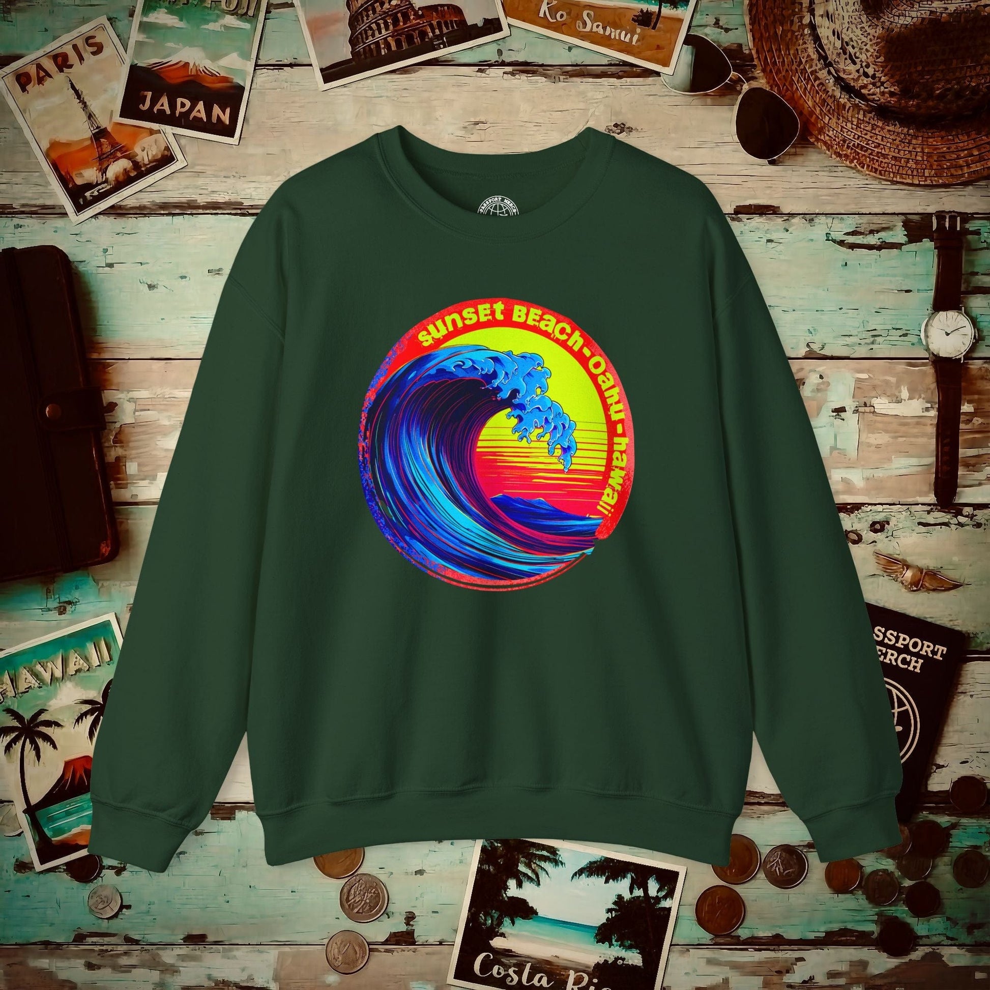 Sunset Beach Oahu, Hawaii Crewneck Forest Green / S