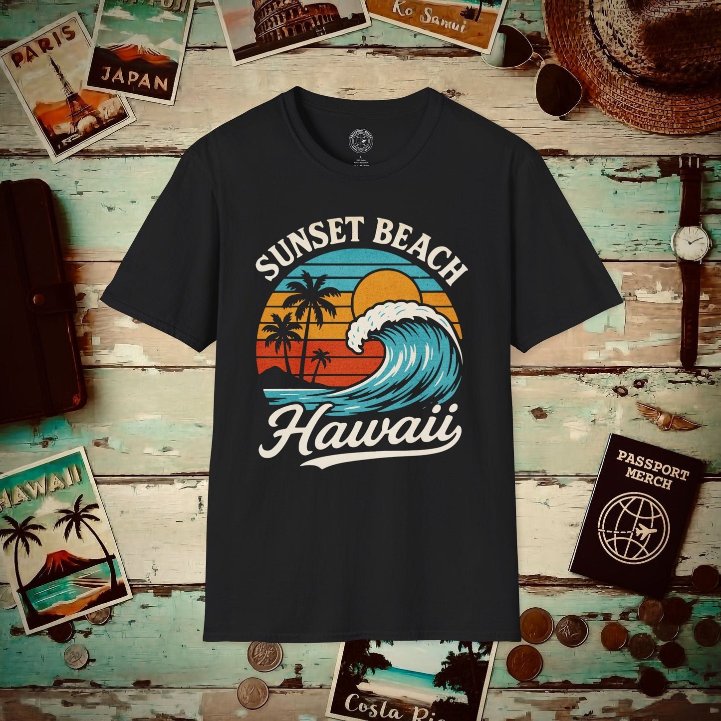 Sunset Beach, Oahu, Hawaii - Vibrant Wave Retro T-Shirt Black / S