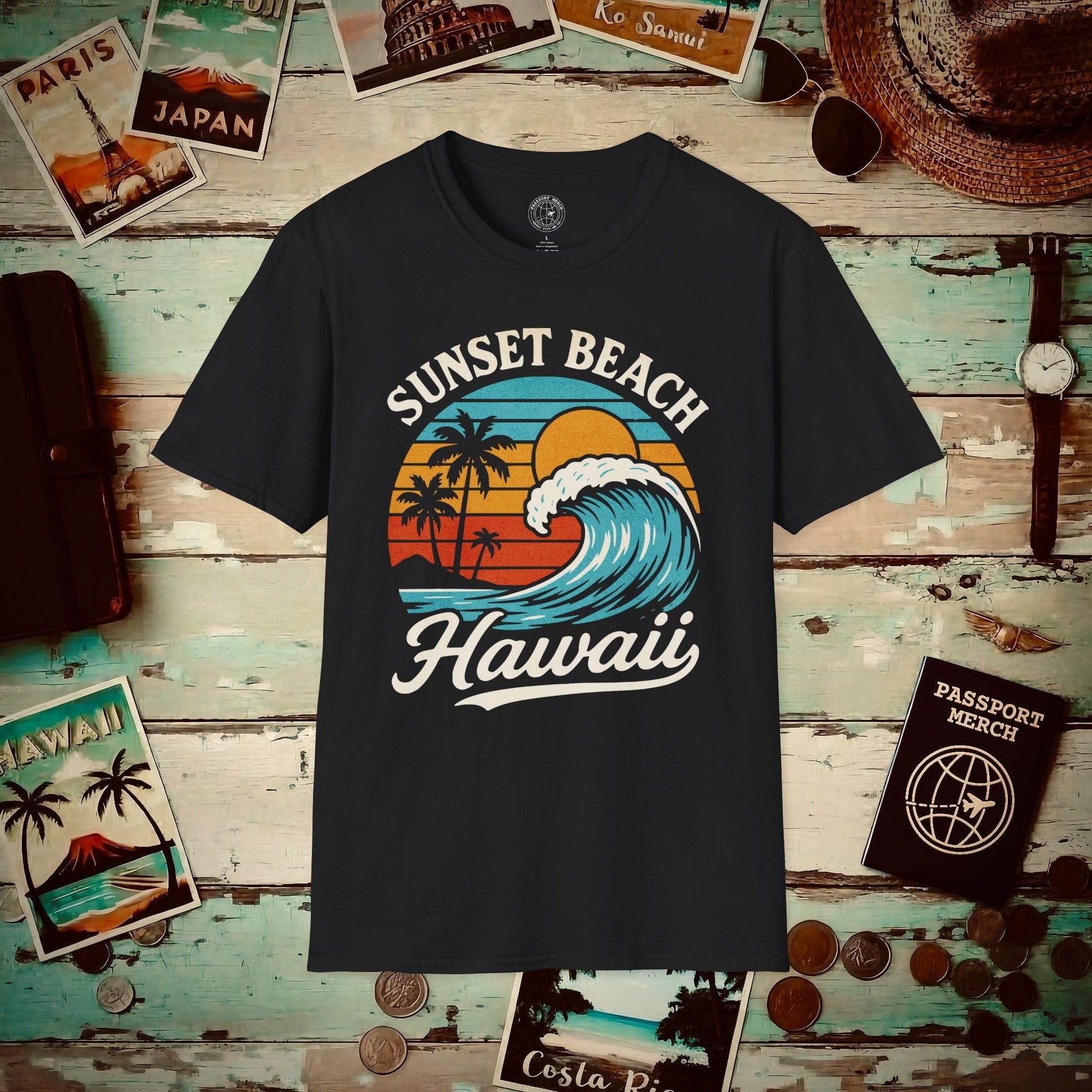 Sunset Beach, Oahu, Hawaii - Vibrant Wave Retro T-Shirt Black / S