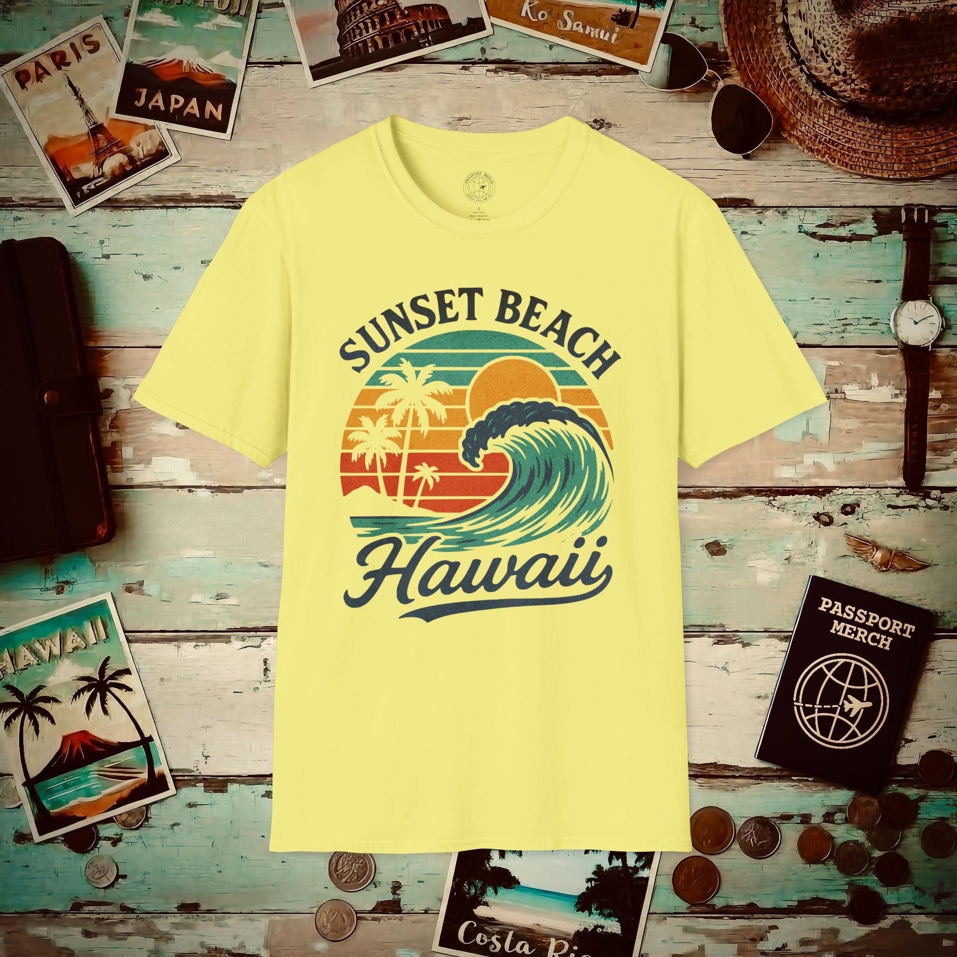 Sunset Beach, Oahu, Hawaii - Vibrant Wave Retro T-Shirt Cornsilk / S