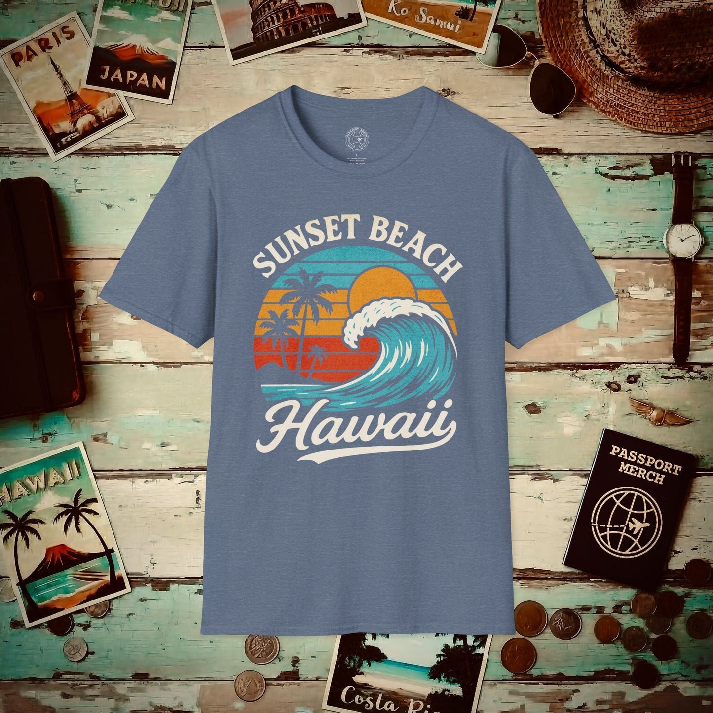 Sunset Beach, Oahu, Hawaii - Vibrant Wave Retro T-Shirt Heather Indigo / S