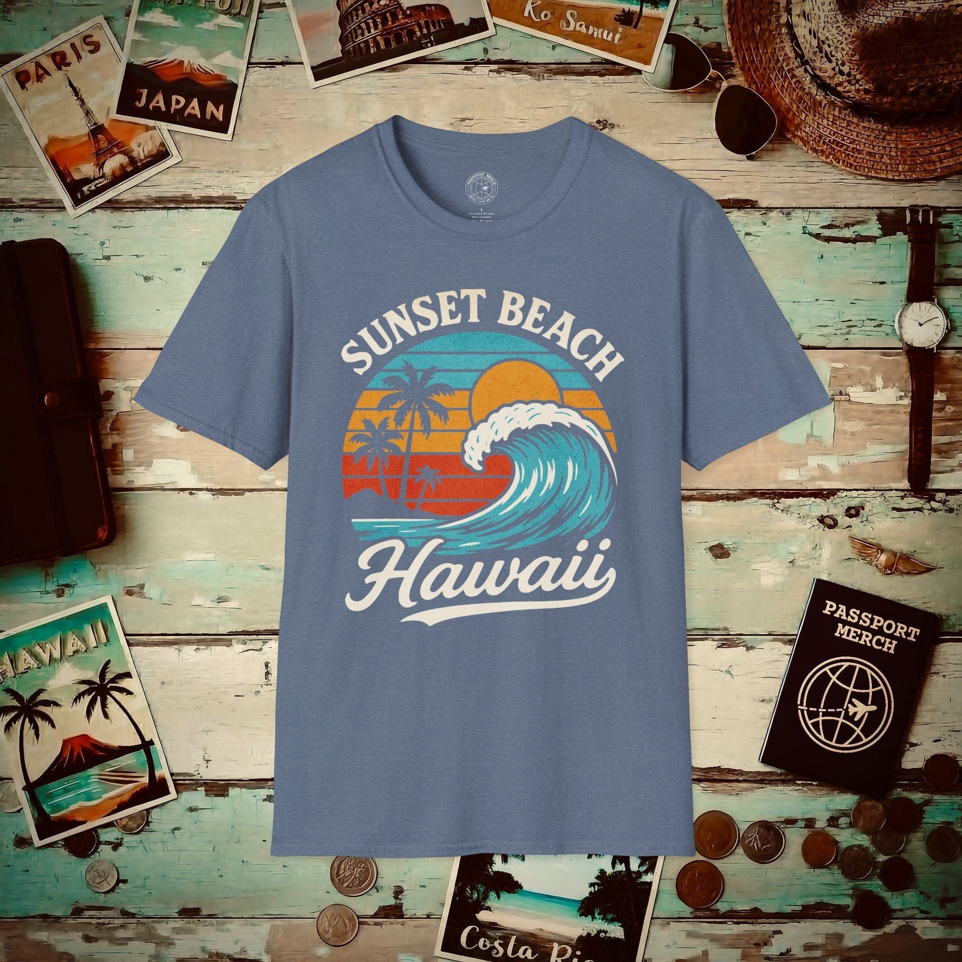 Sunset Beach, Oahu, Hawaii - Vibrant Wave Retro T-Shirt Heather Indigo / S