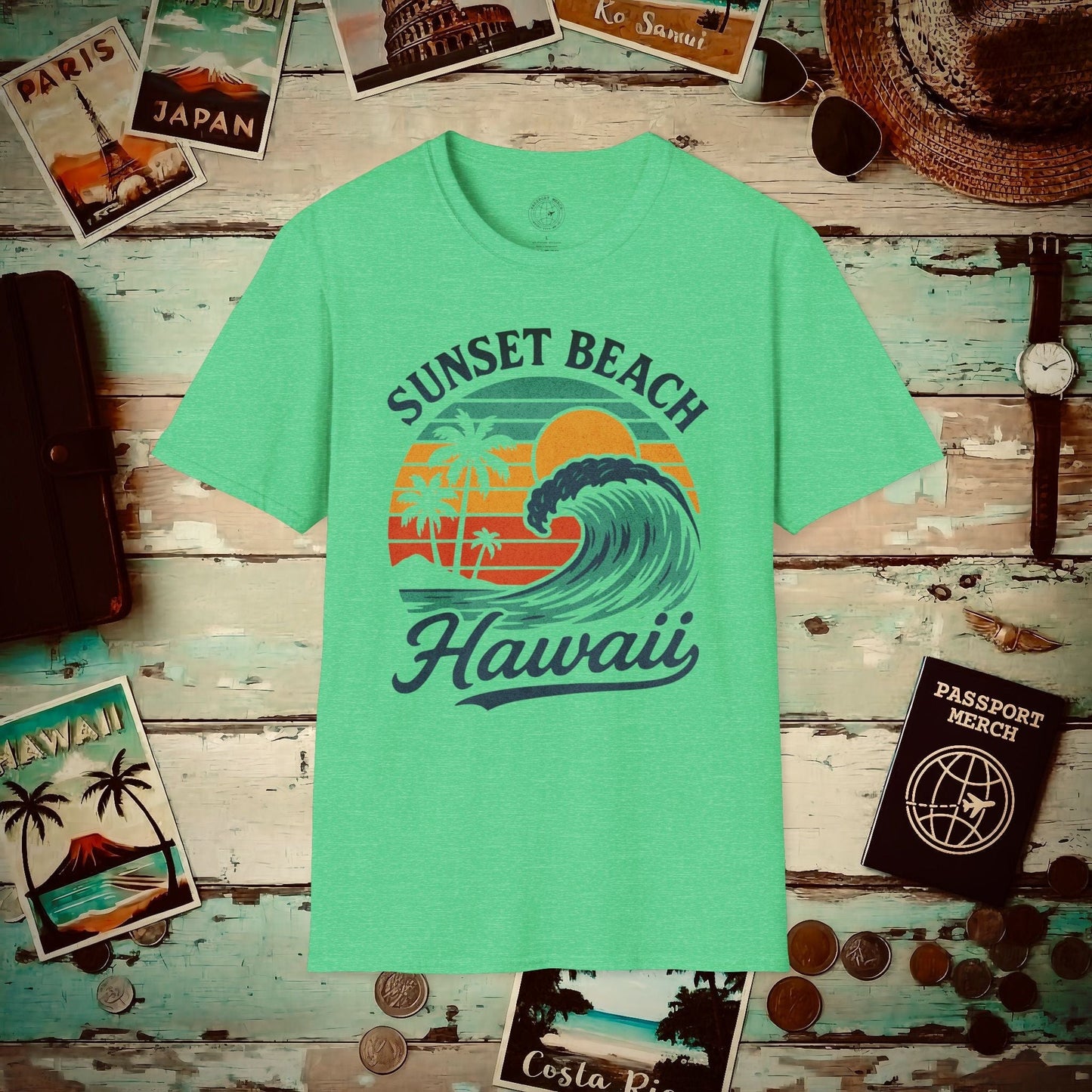 Sunset Beach, Oahu, Hawaii - Vibrant Wave Retro T-Shirt Heather Irish Green / S