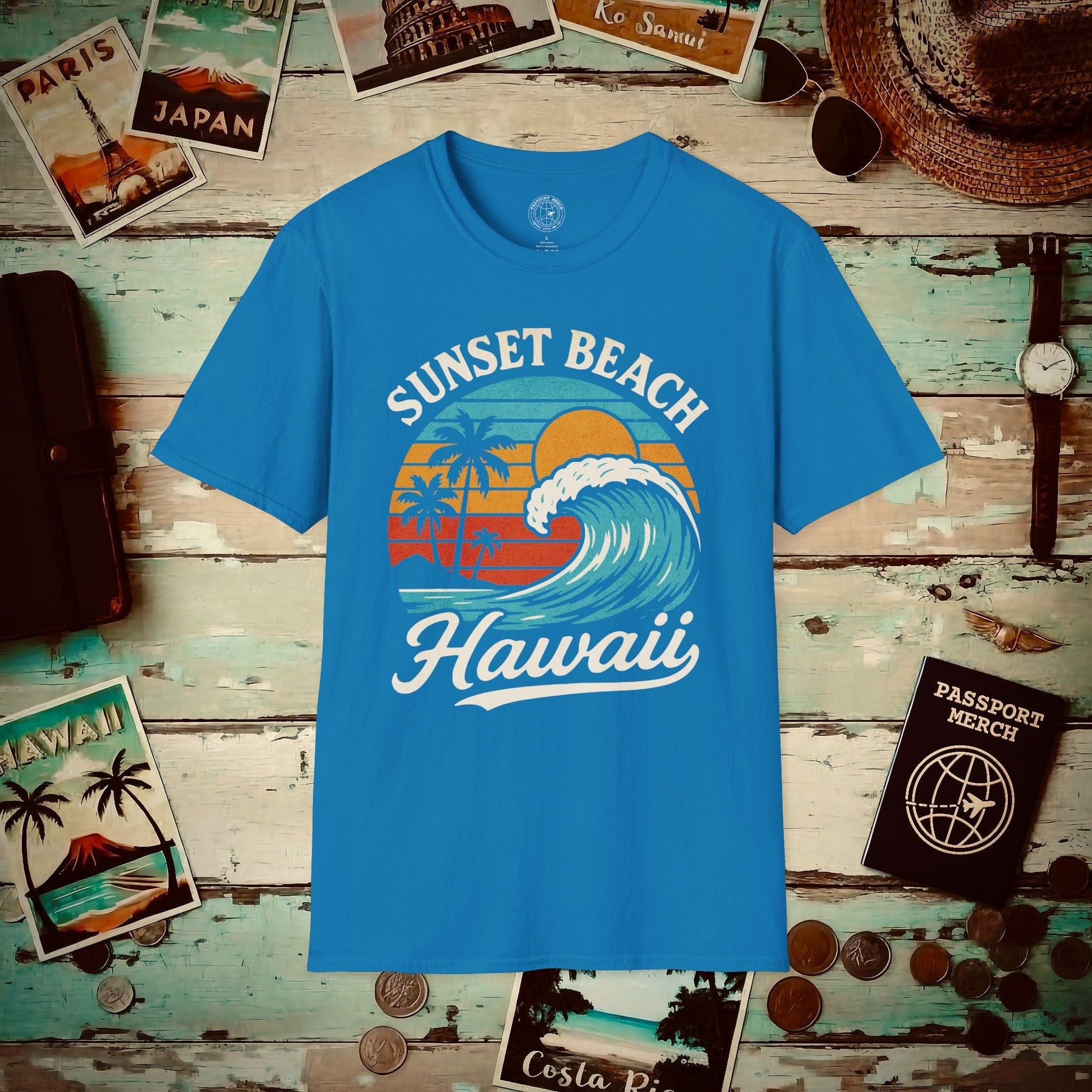 Sunset Beach, Oahu, Hawaii - Vibrant Wave Retro T-Shirt Sapphire / S