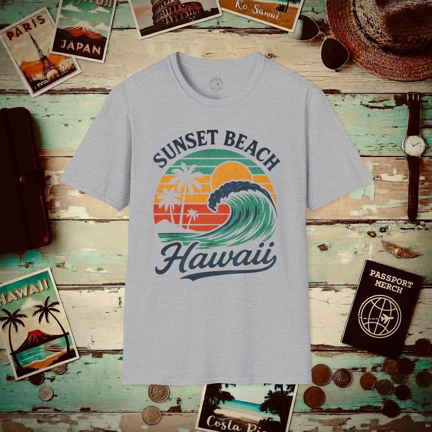 Sunset Beach, Oahu, Hawaii - Vibrant Wave Retro T-Shirt Sport Grey / S