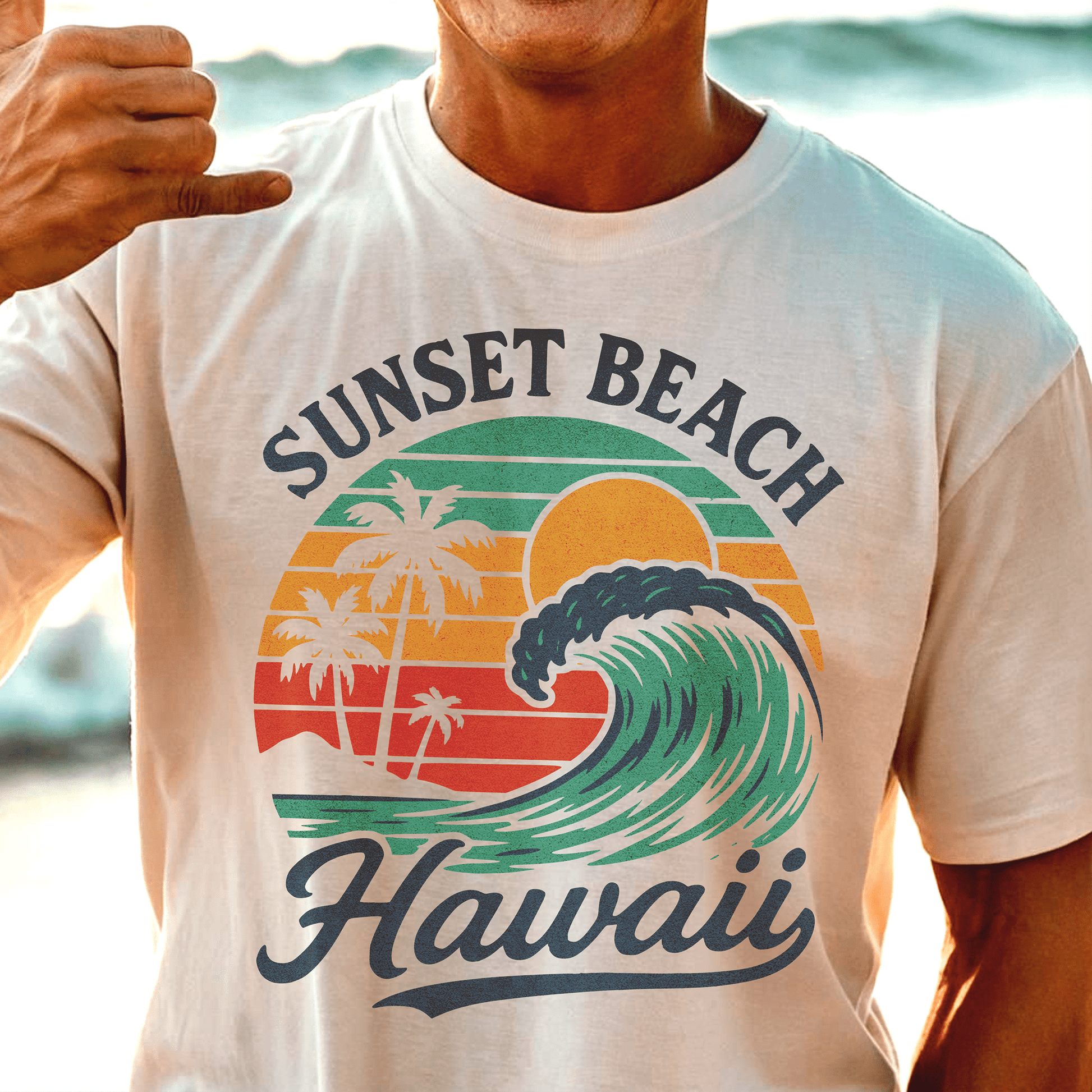 Sunset Beach, Oahu, Hawaii - Vibrant Wave Retro T-Shirt White / S