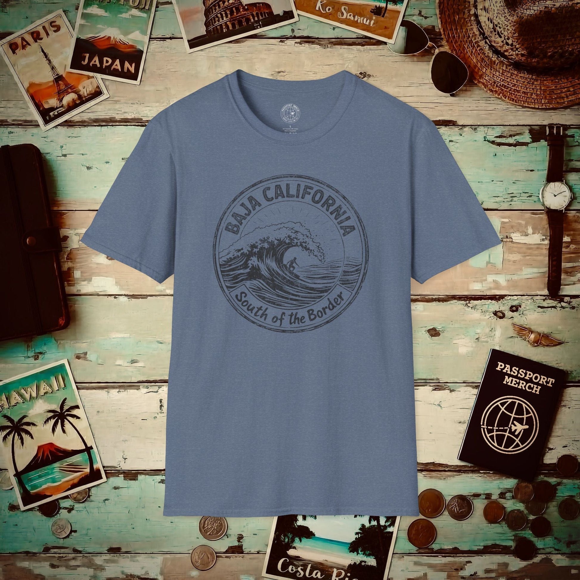 Surf South of the Border, Baja California, Mexico T-Shirt Heather Indigo / S
