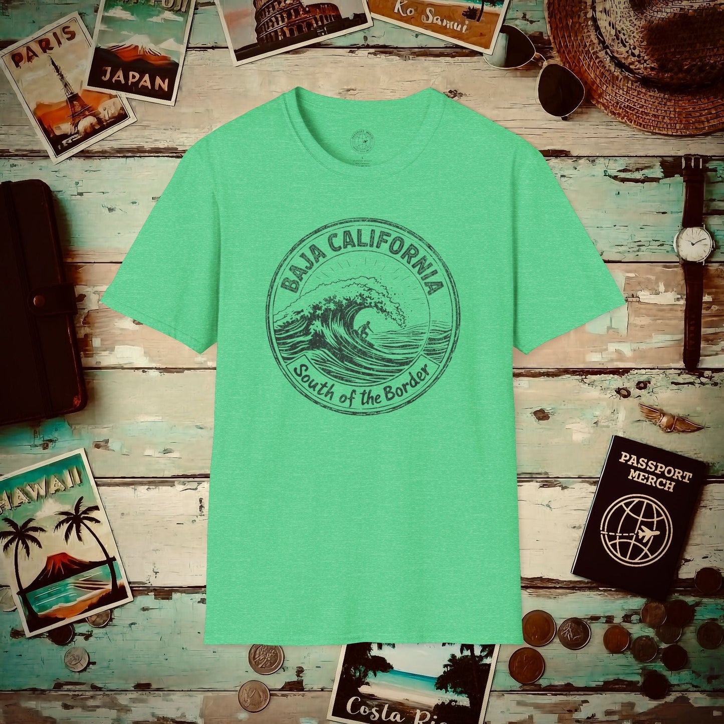 Surf South of the Border, Baja California, Mexico T-Shirt Heather Irish Green / S