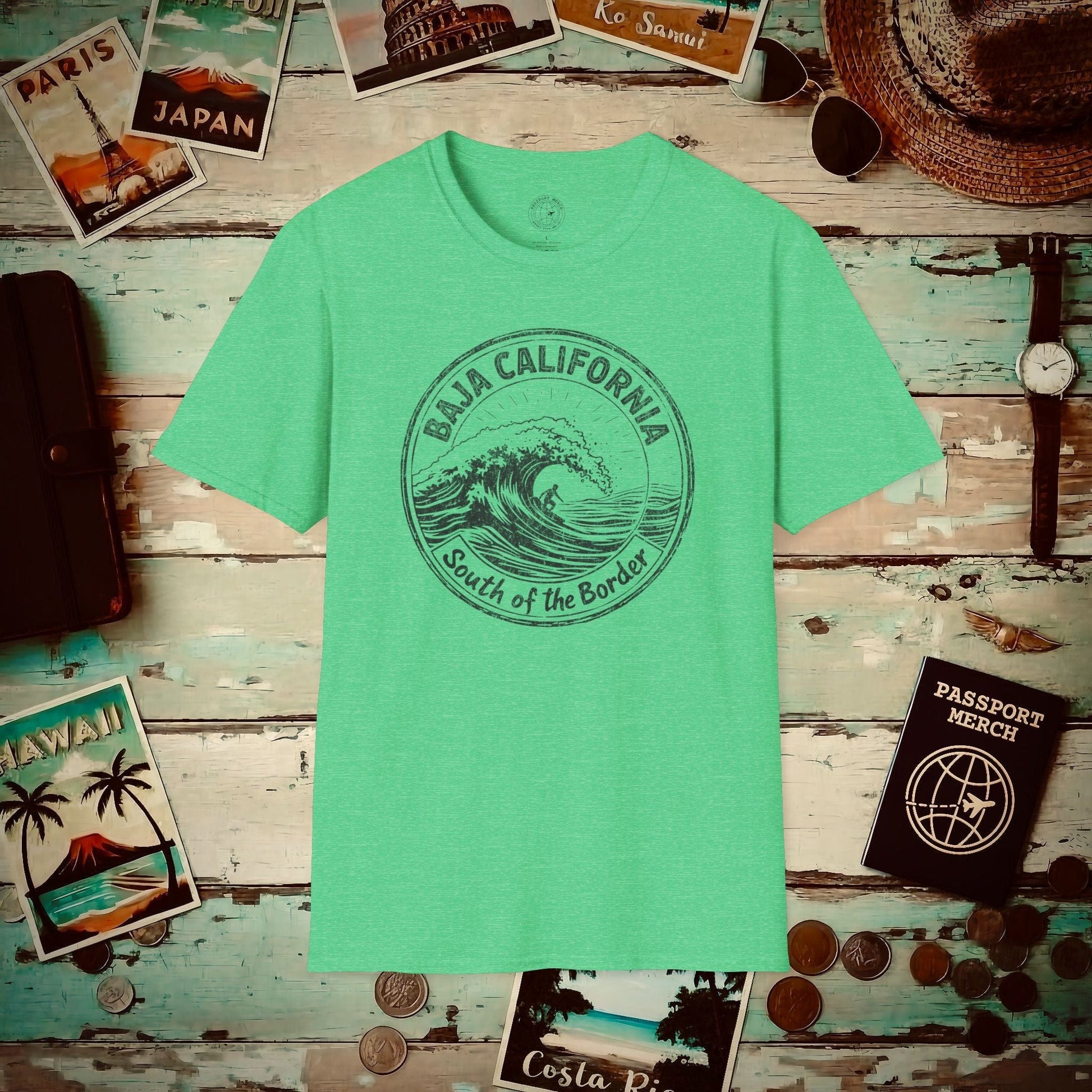 Surf South of the Border, Baja California, Mexico T-Shirt Heather Irish Green / S