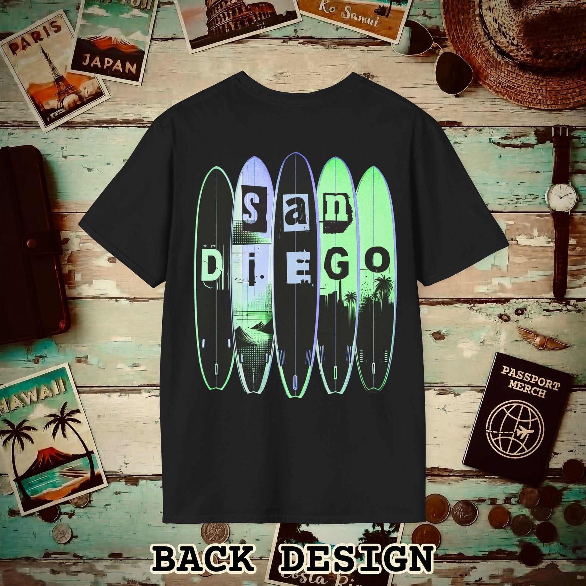 Surfboard Dreams San Diego, California, Back Print T-Shirt Black / S
