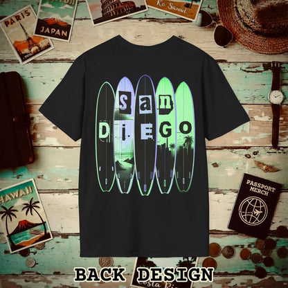 Surfboard Dreams San Diego, California, Back Print T-Shirt Black / S