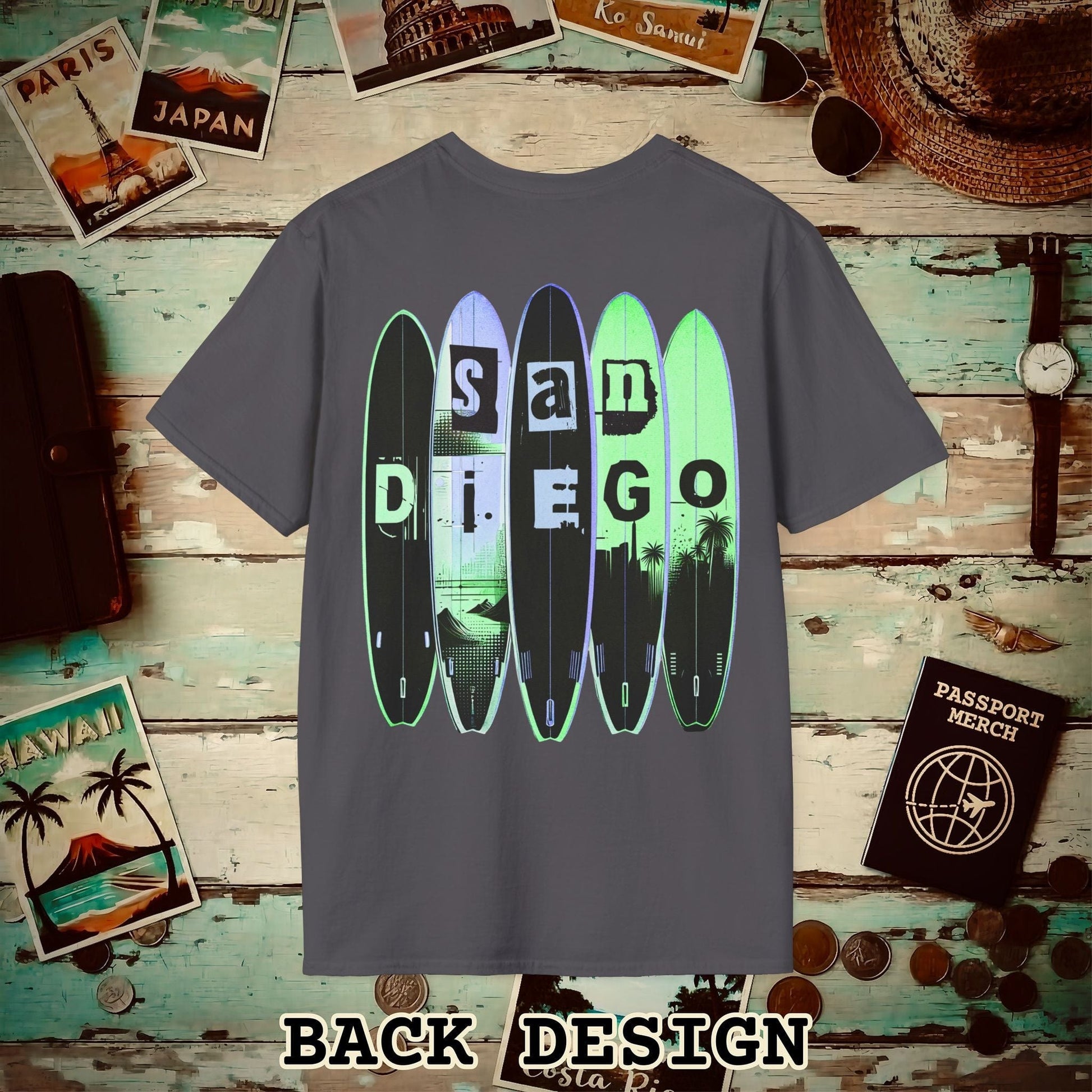 Surfboard Dreams San Diego, California, Back Print T-Shirt Charcoal / S