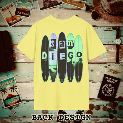 Surfboard Dreams San Diego, California, Back Print T-Shirt Cornsilk / S