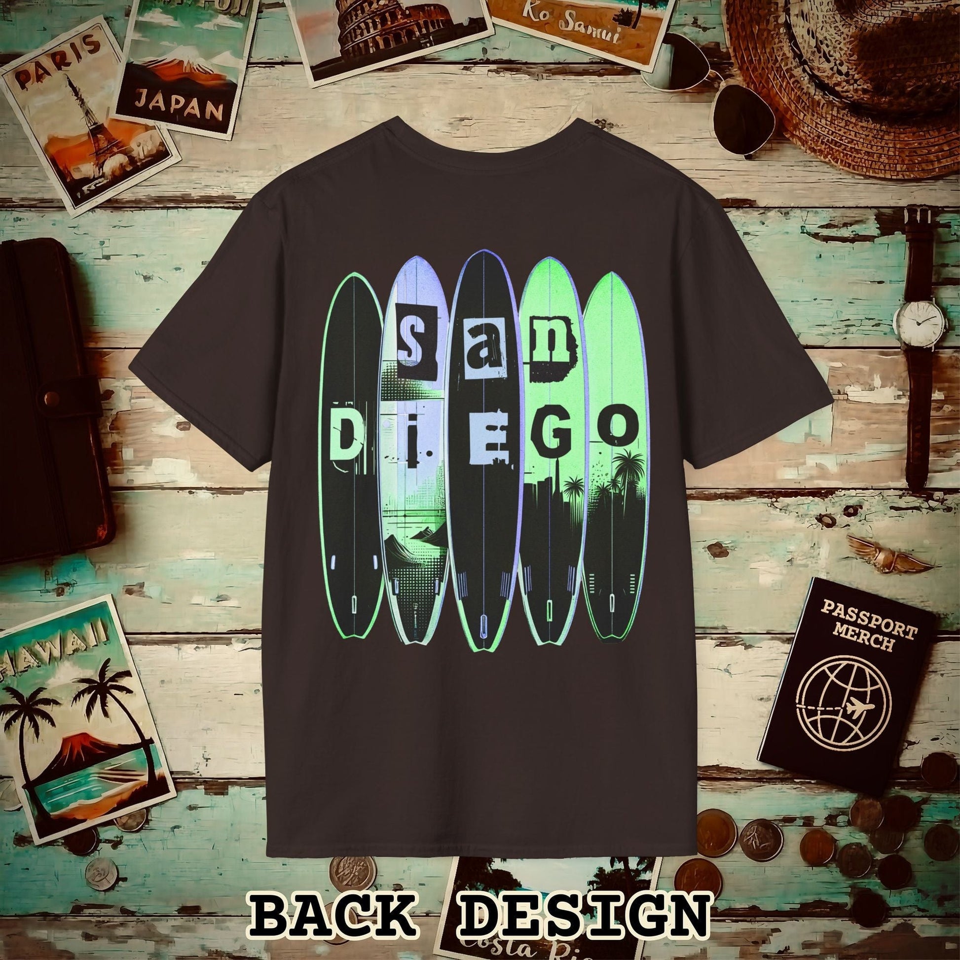 Surfboard Dreams San Diego, California, Back Print T-Shirt Dark Chocolate / S