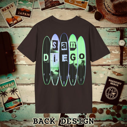 Surfboard Dreams San Diego, California, Back Print T-Shirt Dark Chocolate / S