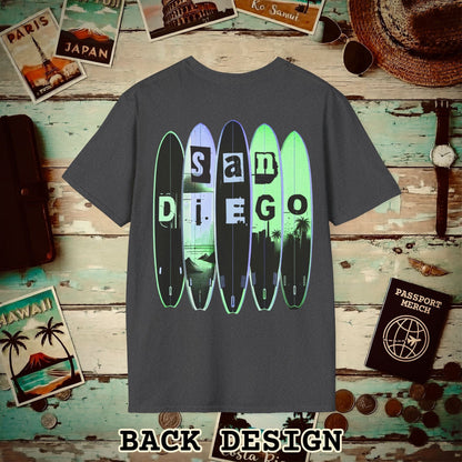 Surfboard Dreams San Diego, California, Back Print T-Shirt Dark Heather / S