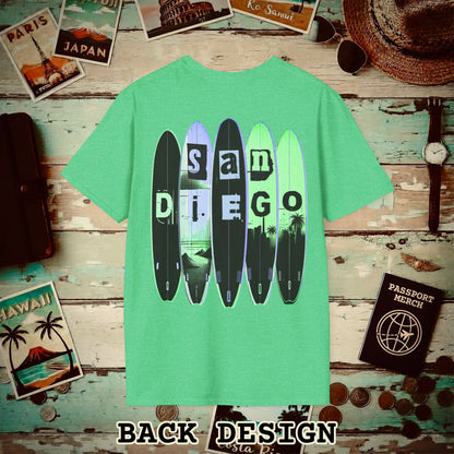 Surfboard Dreams San Diego, California, Back Print T-Shirt Heather Irish Green / S