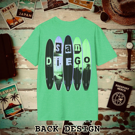 Surfboard Dreams San Diego, California, Back Print T-Shirt Heather Irish Green / S