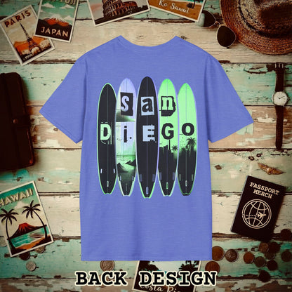 Surfboard Dreams San Diego, California, Back Print T-Shirt Heather Royal / S