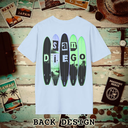 Surfboard Dreams San Diego, California, Back Print T-Shirt Light Blue / S