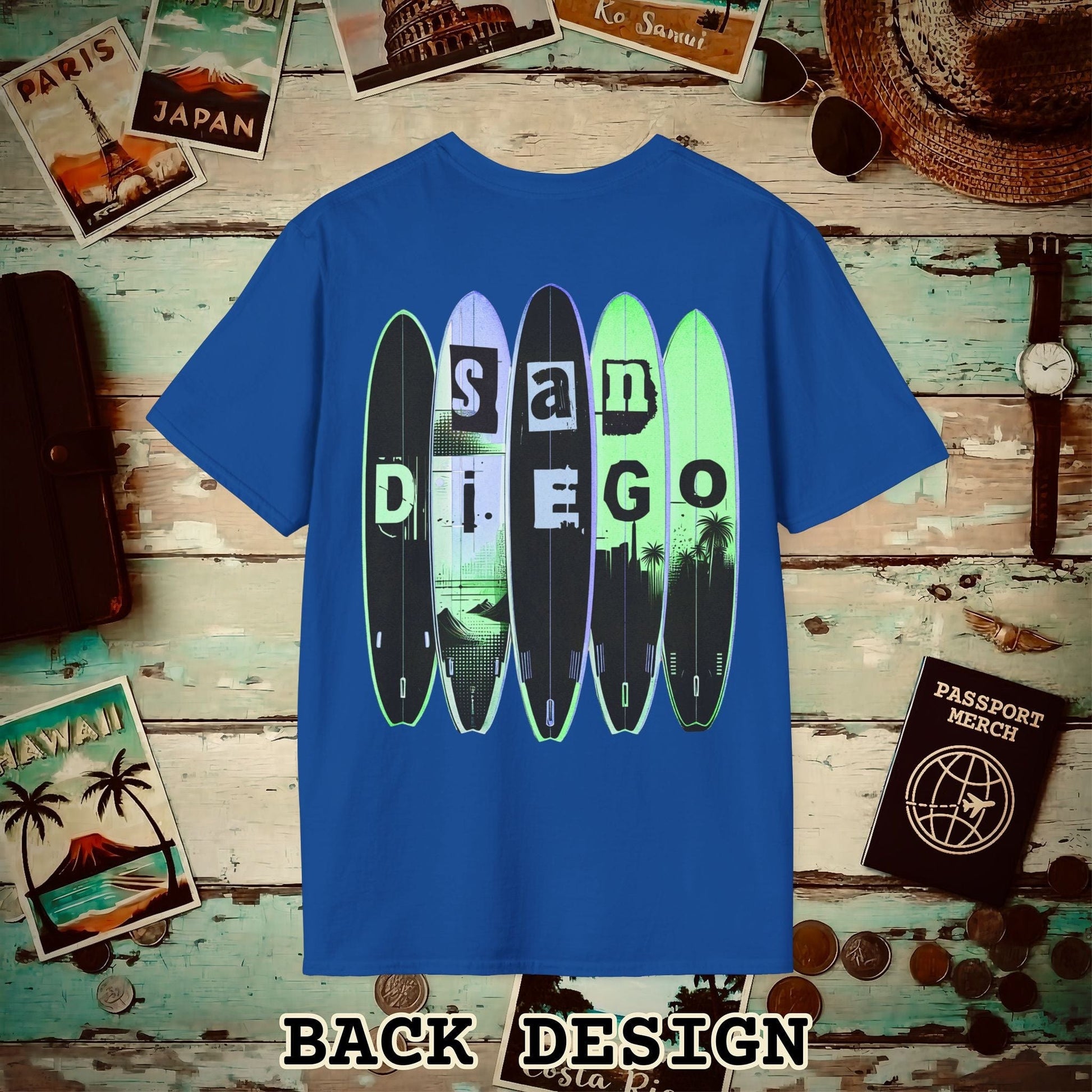 Surfboard Dreams San Diego, California, Back Print T-Shirt Royal / S