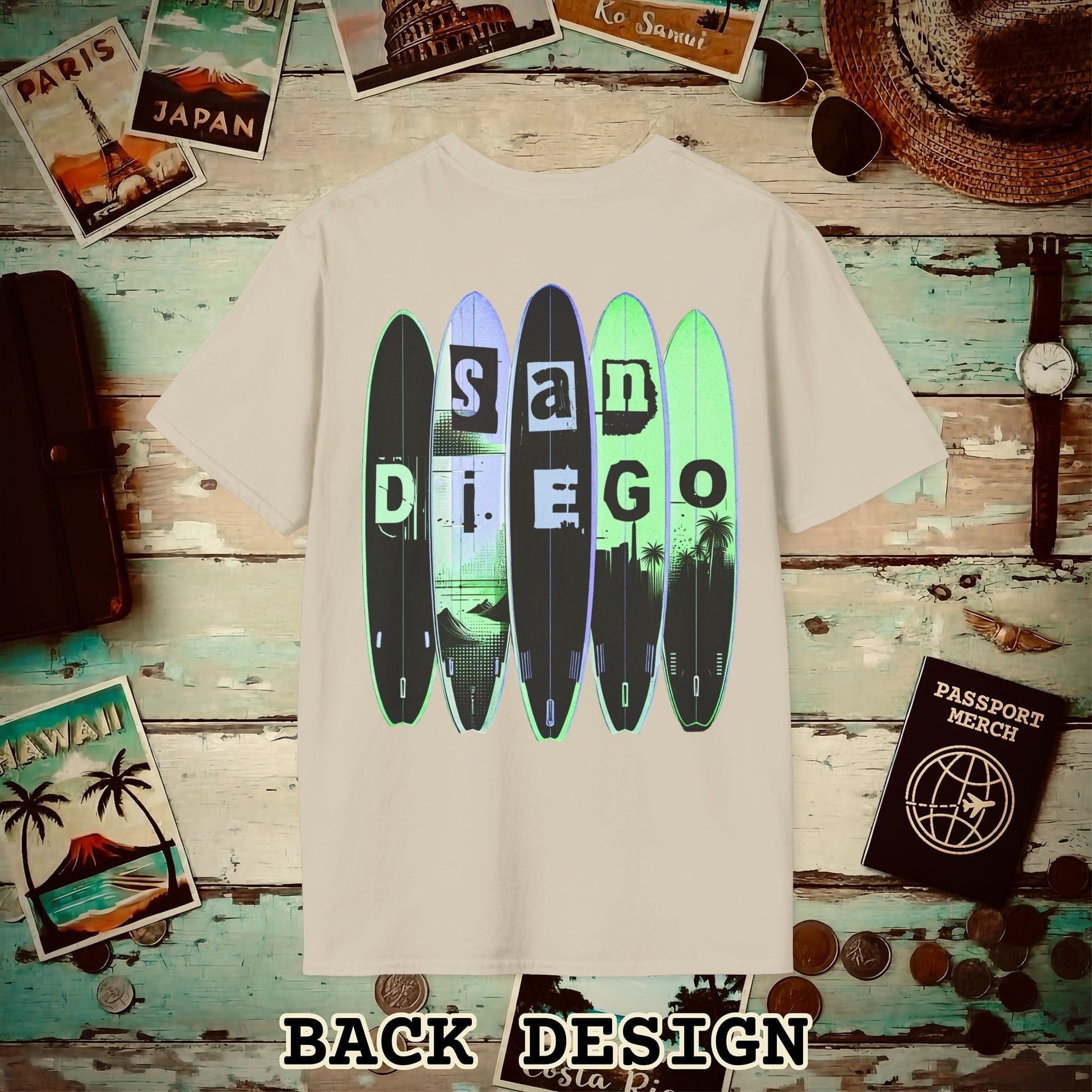 Surfboard Dreams San Diego, California, Back Print T-Shirt Sand / S