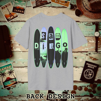 Surfboard Dreams San Diego, California, Back Print T-Shirt Sport Grey / S