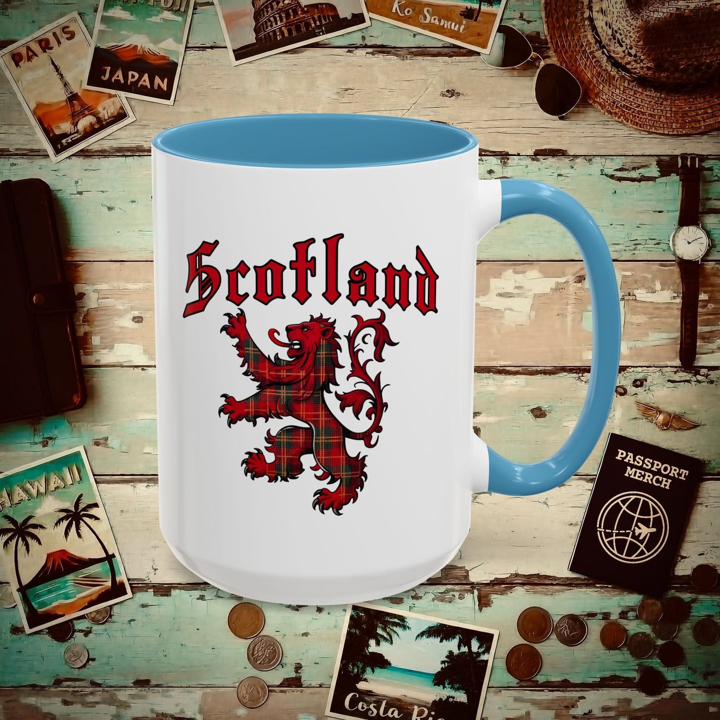 Tartan Lion Rampant, Scotland, UK 15oz Mug Light Blue / 15oz