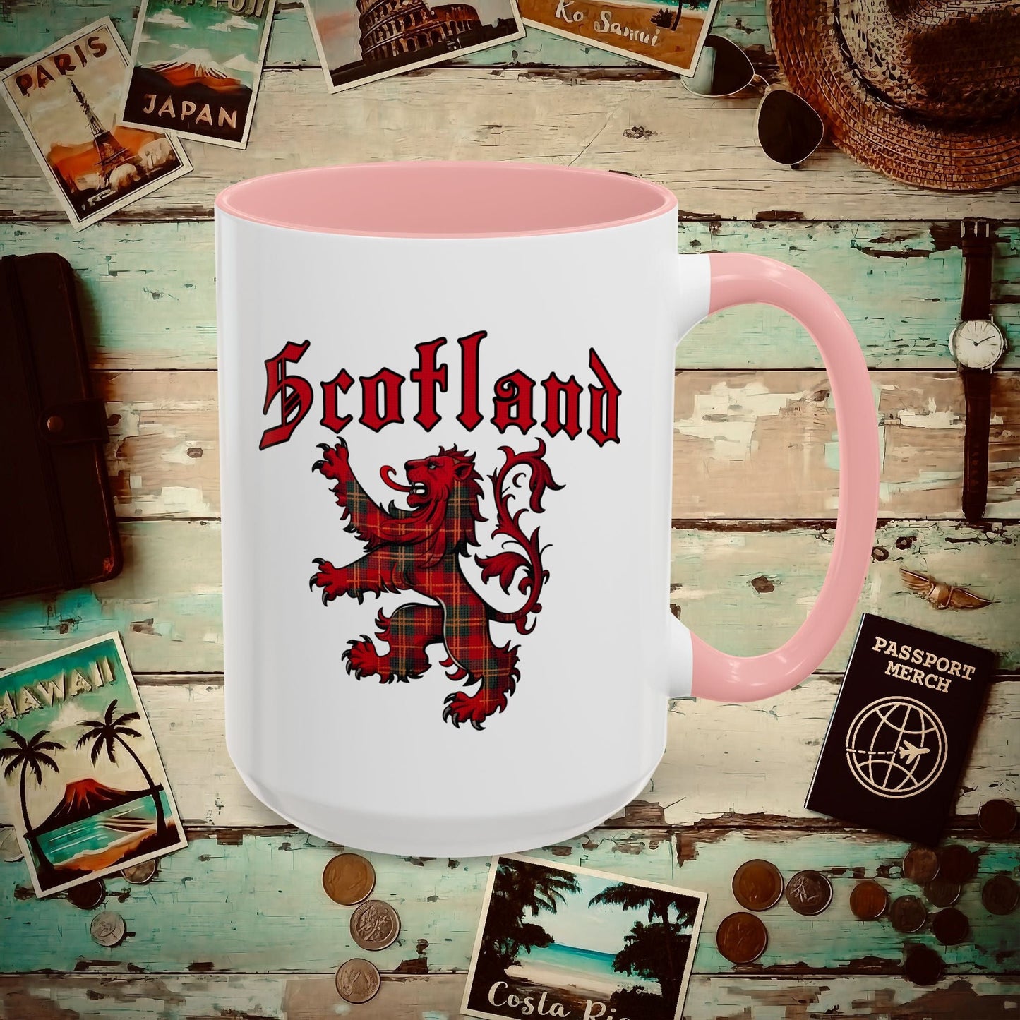 Tartan Lion Rampant, Scotland, UK 15oz Mug Pink / 15oz