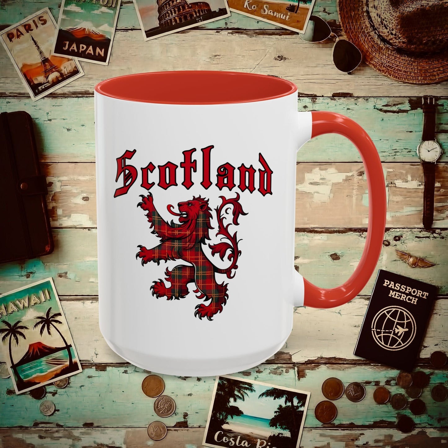 Tartan Lion Rampant, Scotland, UK 15oz Mug Red / 15oz