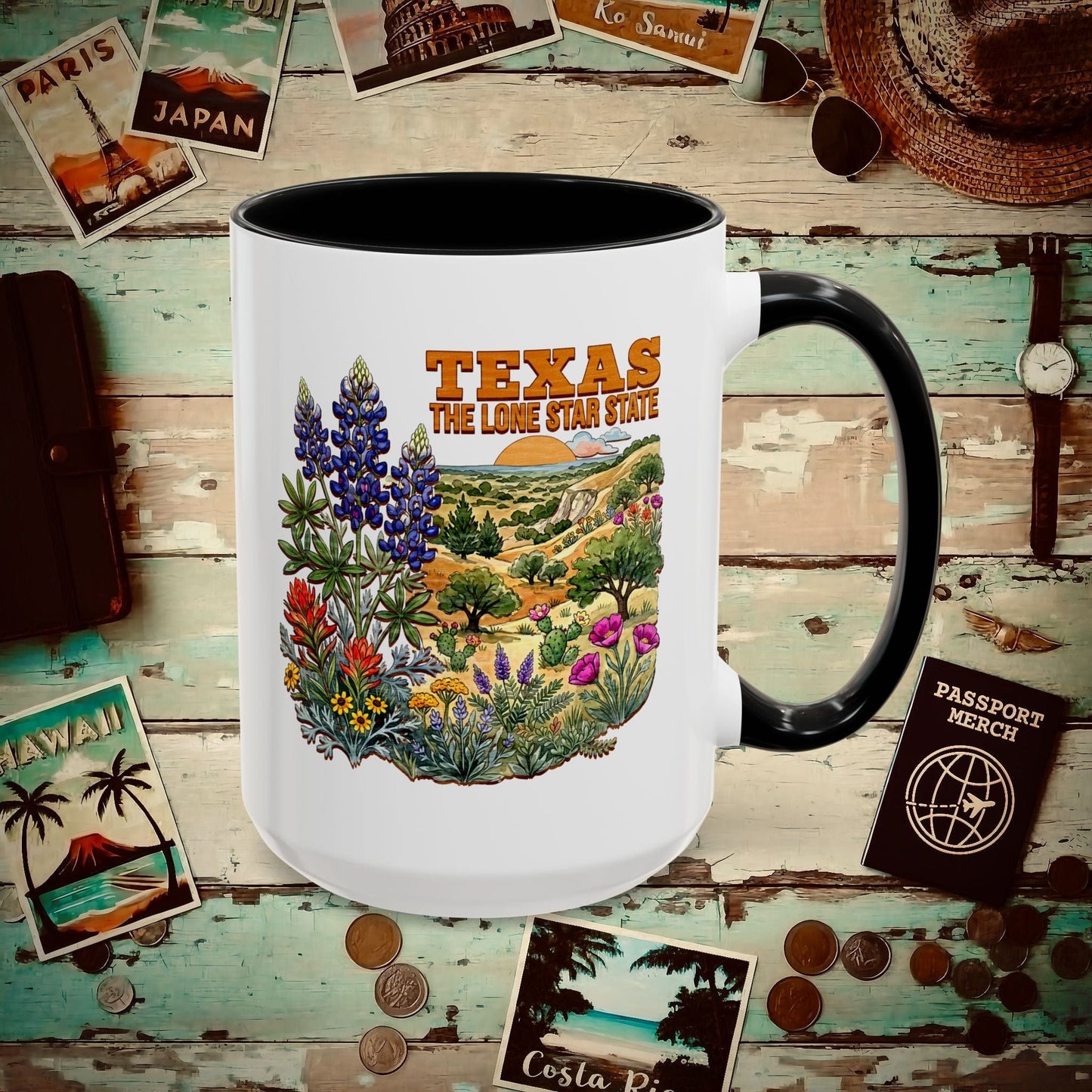 Texas Flowers in Watercolored Oak 15oz Mug Black / 15oz