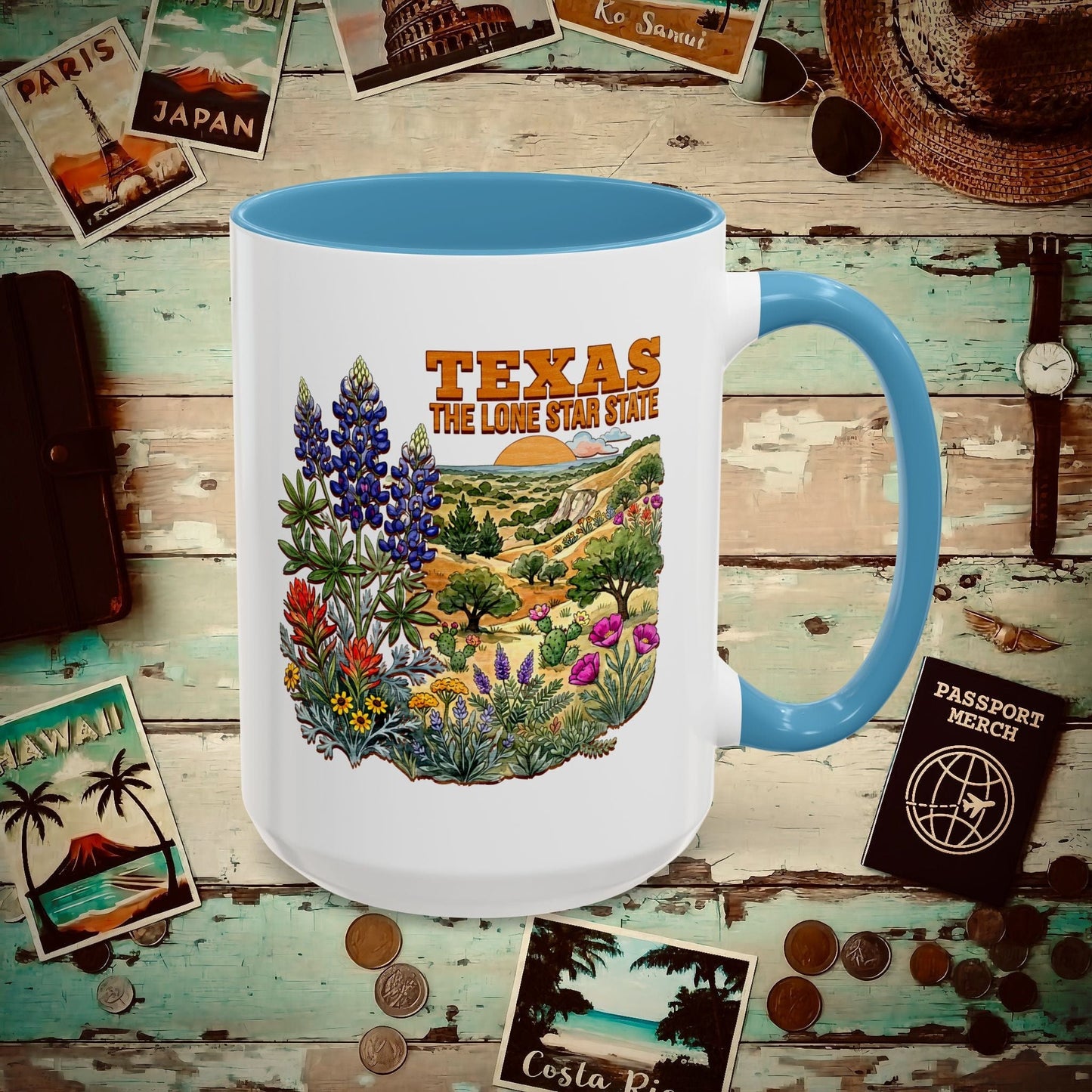 Texas Flowers in Watercolored Oak 15oz Mug Light Blue / 15oz