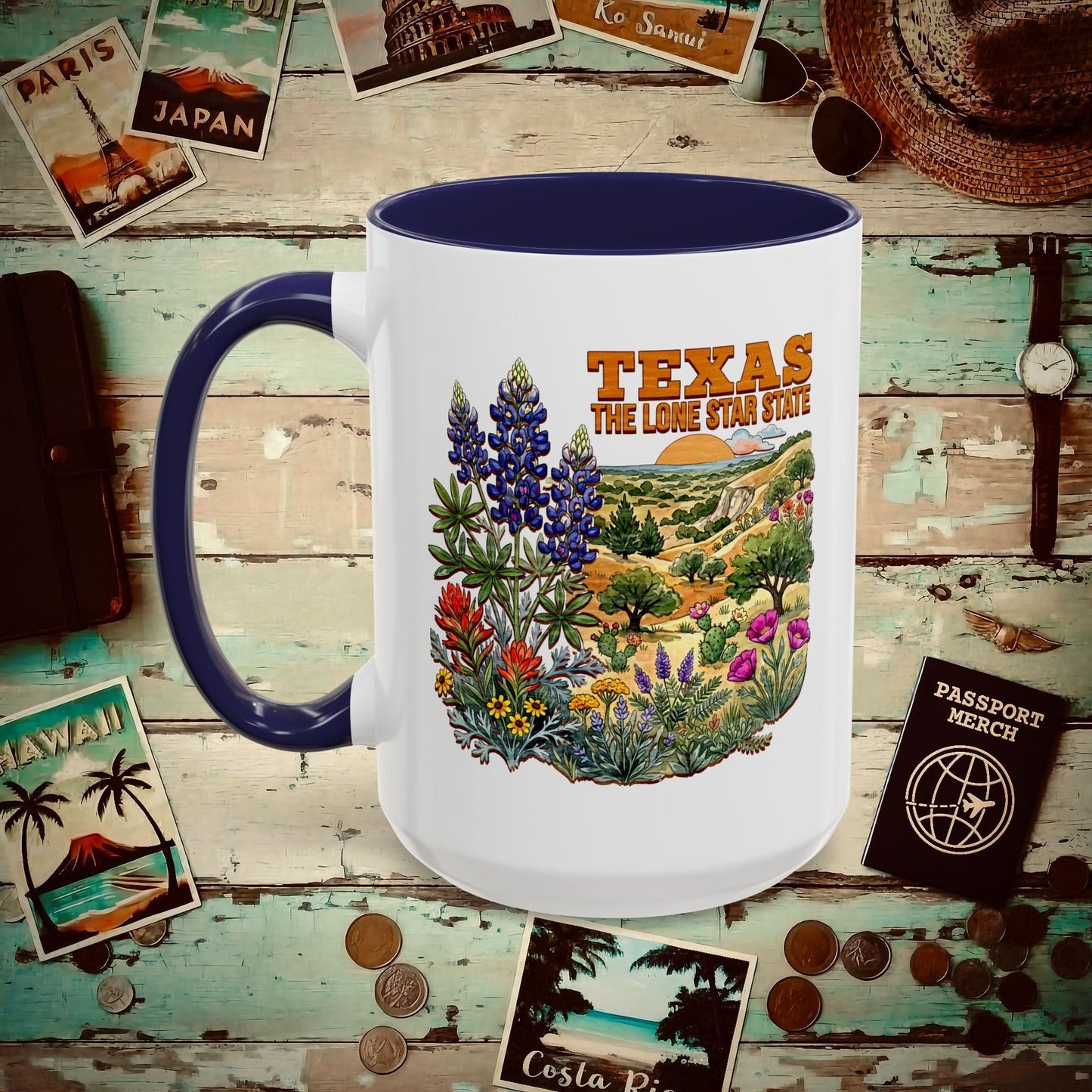 Texas Flowers in Watercolored Oak 15oz Mug Navy / 15oz